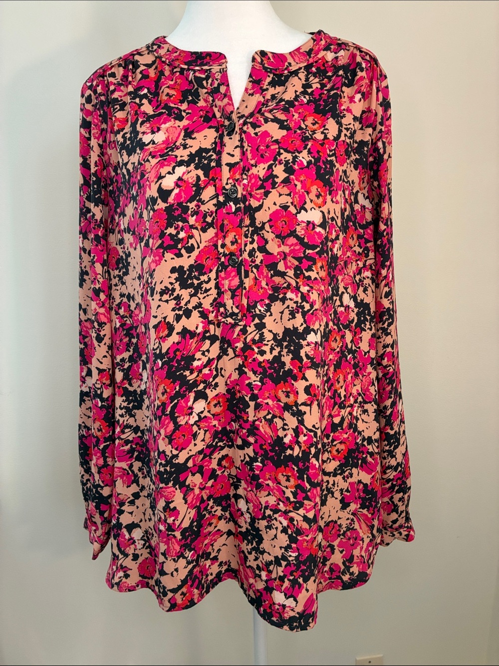 LOFT Pink Black Peach Abstract Floral Blouse